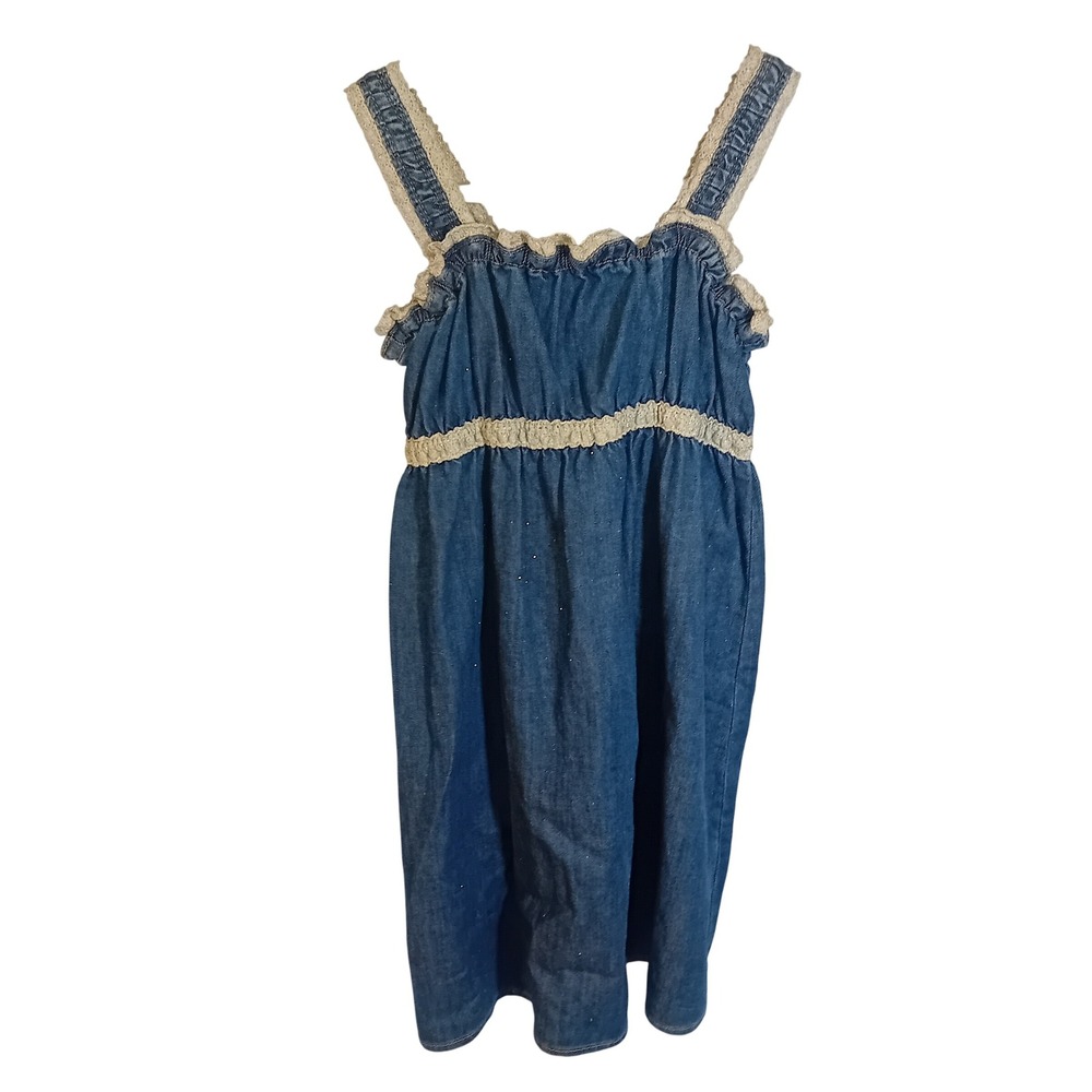 Vintage 90s/Y2K Girls Disney Store Denim Glitter Dress Lace Ruffle Party 7/8
